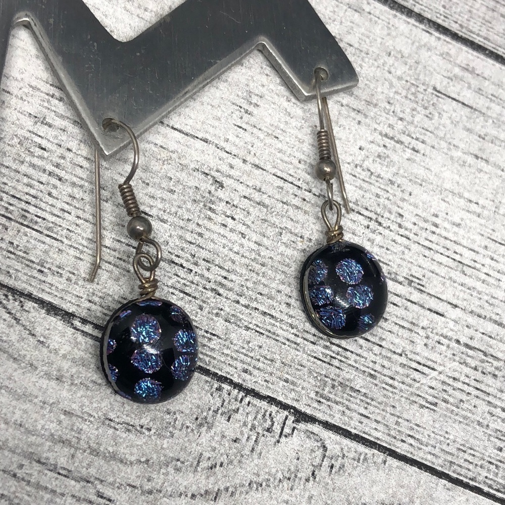 ARTISAN dichroic art glass bead sterling silver 925 earrings dangle drop.